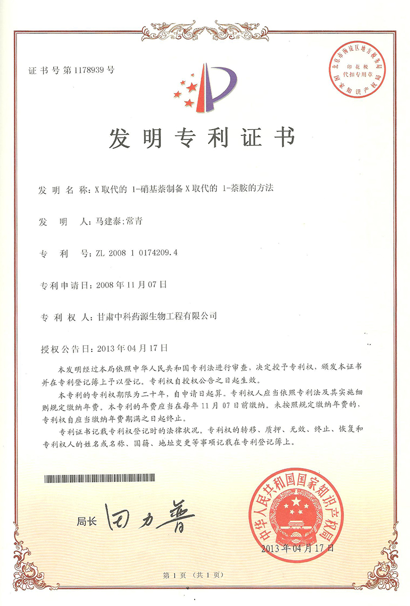X取代的 1-硝基萘制备X取代的 1-萘胺的方法-发明专利证书