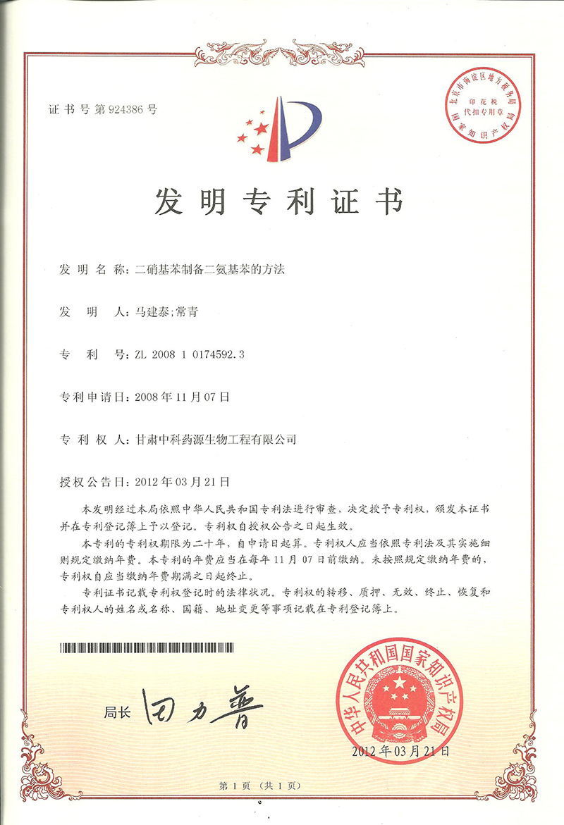 二硝基苯制备二氨基苯的方法-发明专利证书