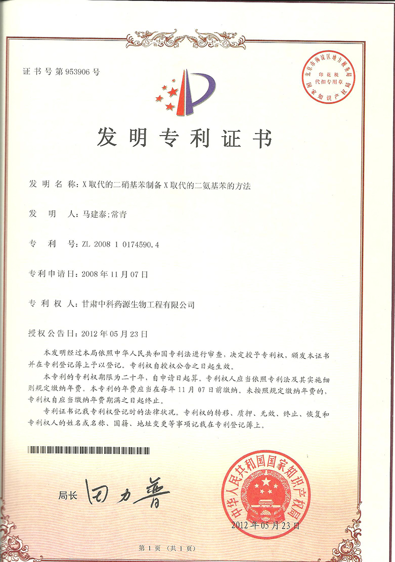 X取代的二硝基苯制备X取代的二氨基苯的方法-发明专利证书